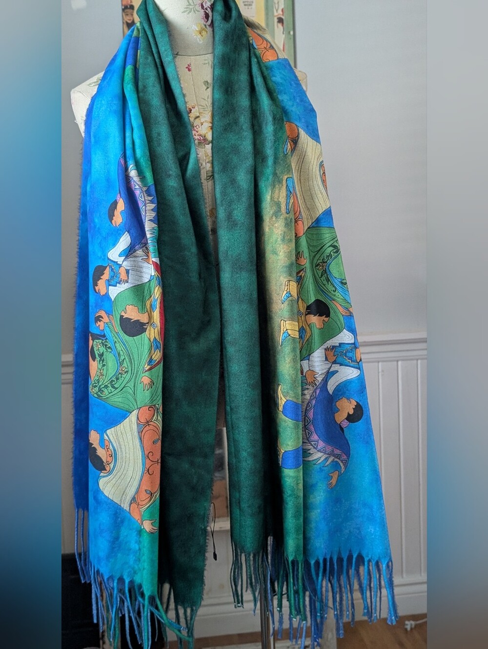 Oscardo Blue & Green Women's Fringe Scarf By Maxine Noel